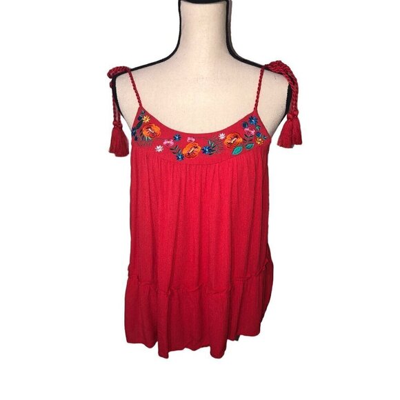 Arizona Jeans Tops - Arizona Jeans Embroidered Top Size M Red Sleeveless Ties Tassels Gauze Boho